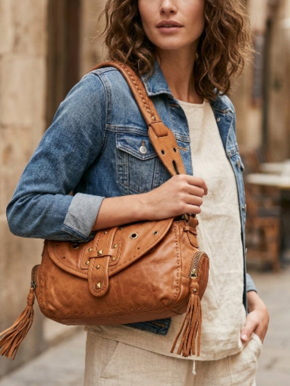 Carla Mancini brown chestnut leather studded shoulder bag purse
